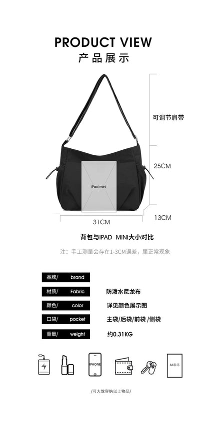 Lightweight Ladies Shoulder Bag – Solid Color Waterproof Crossbody Bag