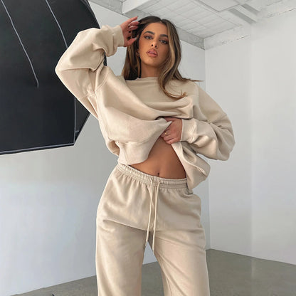 Fashion Women’s Tracksuit – Round Neck Hoodie with Lace-Up Pants