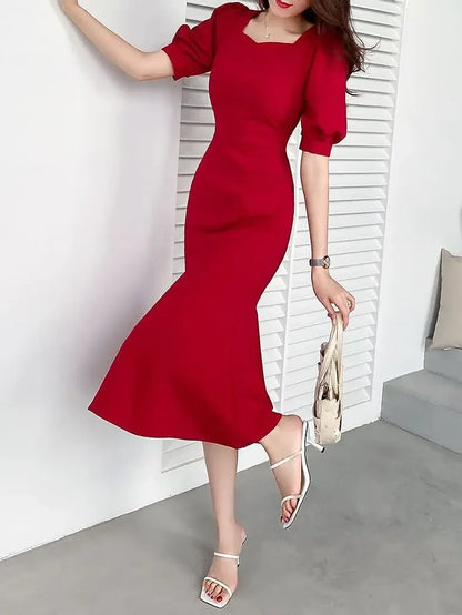 Chic Women’s Ball Gown – Square Collar Puffy Sleeve Fish Tail Dress