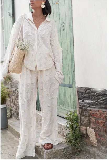 Women’s 2-Piece Suit – Elegant Long Sleeve Shirt & Wide Leg Pants