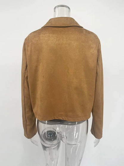 Women’s Casual Suede Jacket – Long Sleeve Solid Lapel Autumn Coat