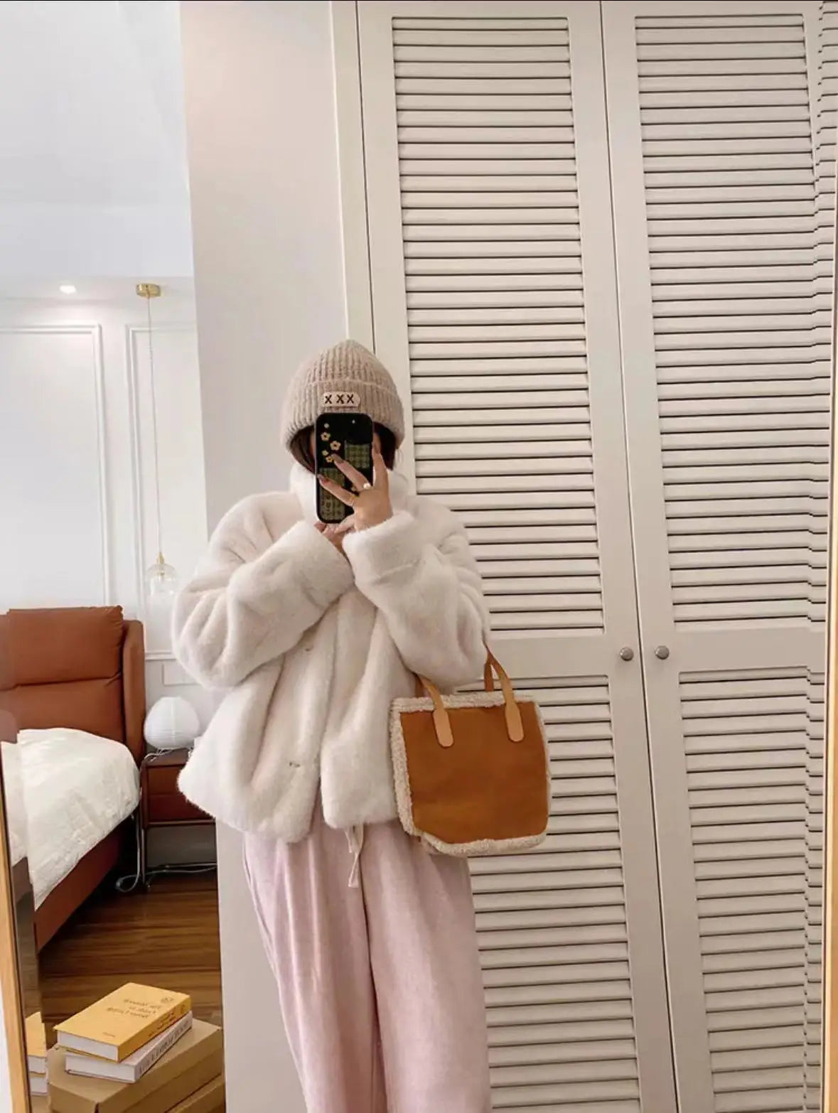 Golden Mink Lined Faux Fur Coat – Short Stand Collar Winter Jacket