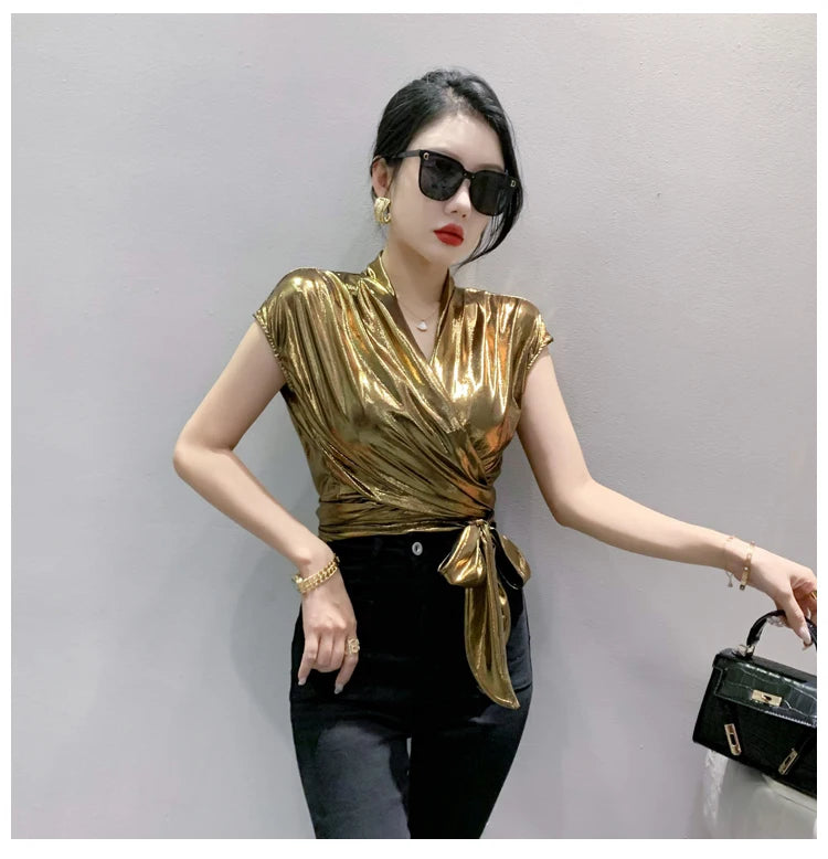 Shine & Chic – Metallic Short Sleeve Wrap Top for Women
