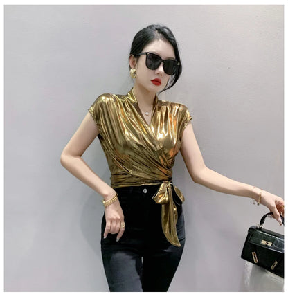 Shine & Chic – Metallic Short Sleeve Wrap Top for Women