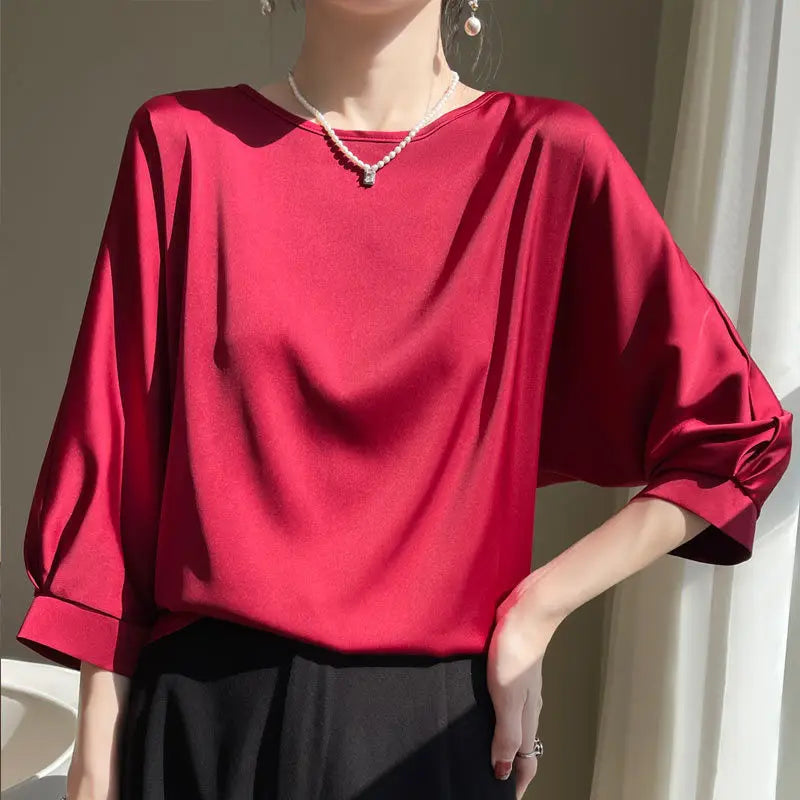 Elegant & Lightweight – Women’s Satin Silk Half-Sleeve Tee 2025