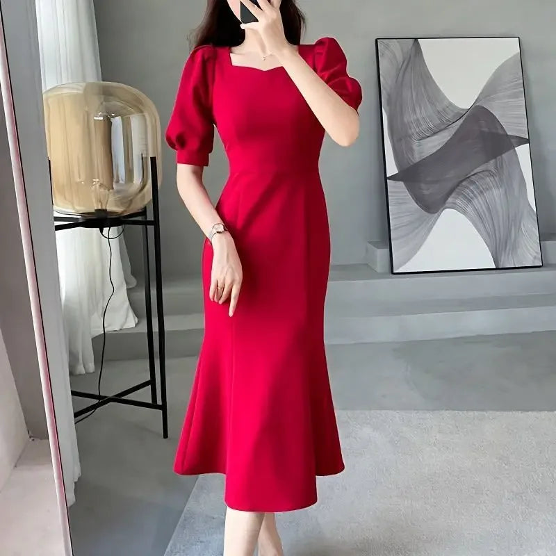 Chic Women’s Ball Gown – Square Collar Puffy Sleeve Fish Tail Dress
