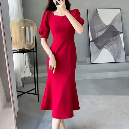 Chic Women’s Ball Gown – Square Collar Puffy Sleeve Fish Tail Dress