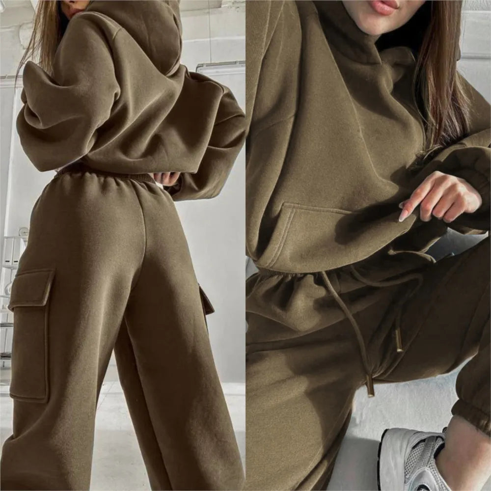 Autumn Winter Casual Outfit – Hoodie with Hood & Tied Waist Pants