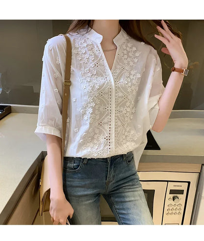 Limited Edition – Hollow-Out V-Neck Cotton Top for Women
