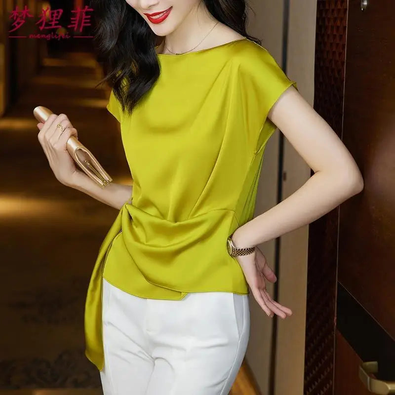 Chic Summer Top – Women’s Short Sleeve Satin Chiffon Blouse