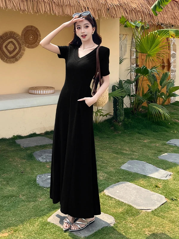 Casual Summer Dress – V-Neck Slim Waist Flared Skirt for Women