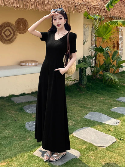Casual Summer Dress – V-Neck Slim Waist Flared Skirt for Women