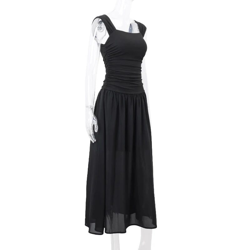 Casual Elegant Summer Dress – High-Waist Solid Ruched Maxi Dress