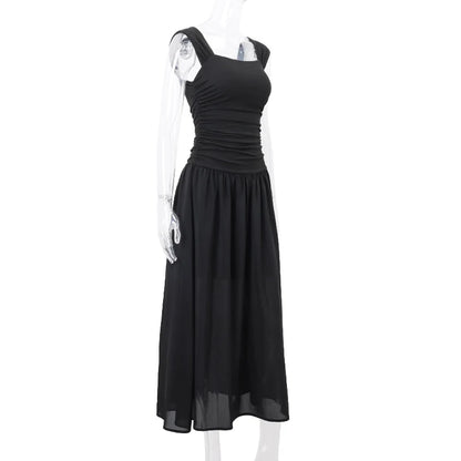 Casual Elegant Summer Dress – High-Waist Solid Ruched Maxi Dress