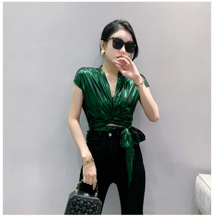 Shine & Chic – Metallic Short Sleeve Wrap Top for Women