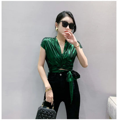 Shine & Chic – Metallic Short Sleeve Wrap Top for Women