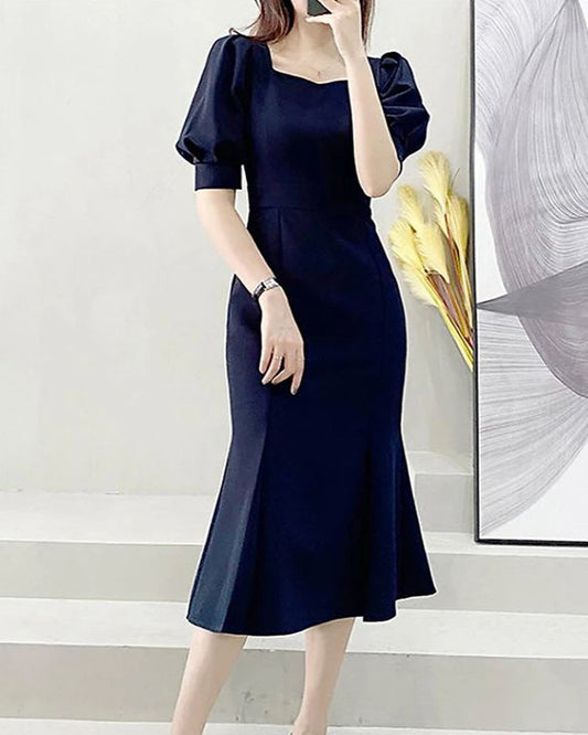 Fashionable Summer Dress – Slim Fit Square Collar Bubble Sleeve