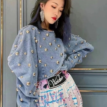 Pearl Beaded Cowboy Jacket – Women’s Long Lantern Sleeve Denim Bomber