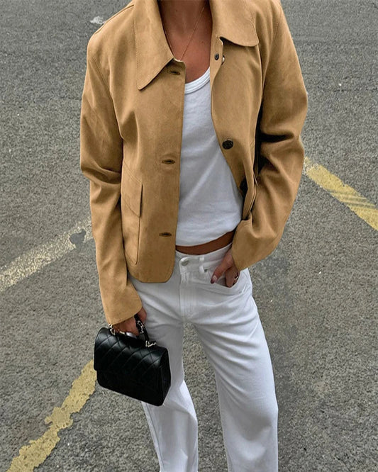 Women’s Casual Suede Jacket – Long Sleeve Solid Lapel Autumn Coat