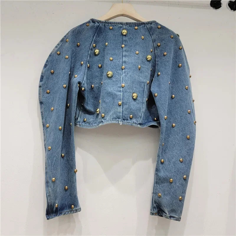 Pearl Beaded Cowboy Jacket – Women’s Long Lantern Sleeve Denim Bomber