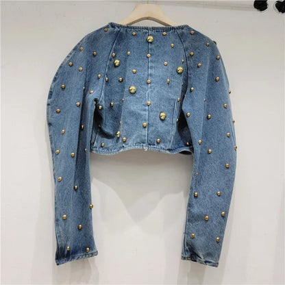 Pearl Beaded Cowboy Jacket – Women’s Long Lantern Sleeve Denim Bomber
