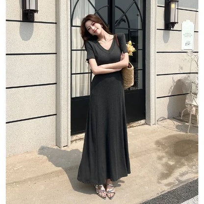Casual Summer Dress – V-Neck Slim Waist Flared Skirt for Women