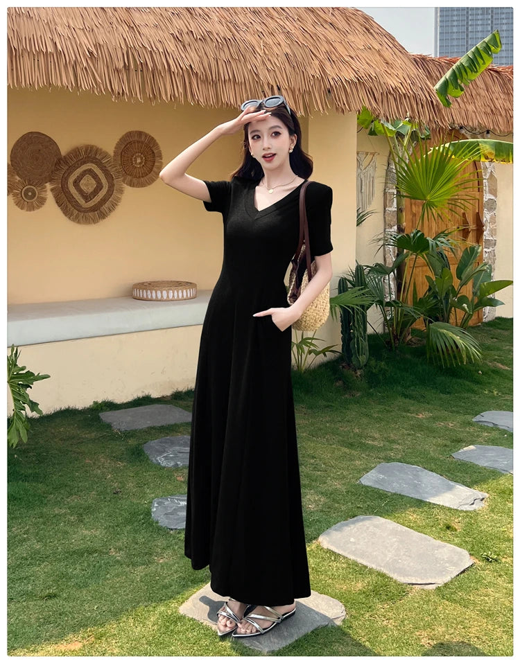 Casual Summer Dress – V-Neck Slim Waist Flared Skirt for Women