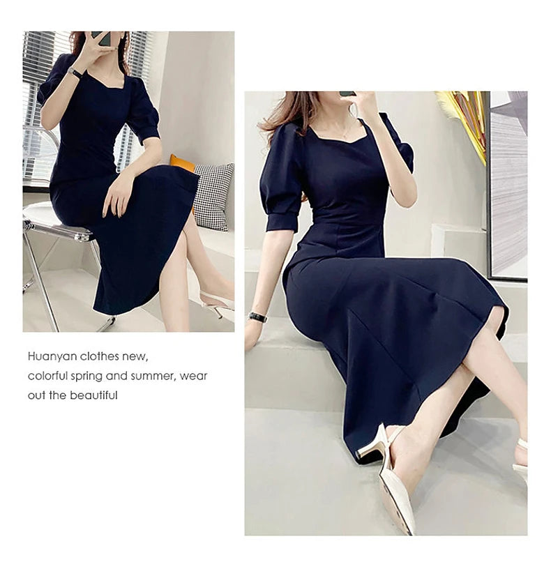 Fashionable Summer Dress – Slim Fit Square Collar Bubble Sleeve