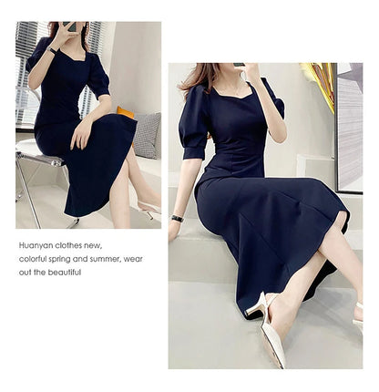 Fashionable Summer Dress – Slim Fit Square Collar Bubble Sleeve