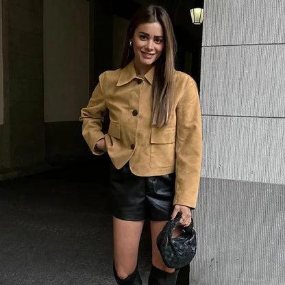Women’s Casual Suede Jacket – Long Sleeve Solid Lapel Autumn Coat