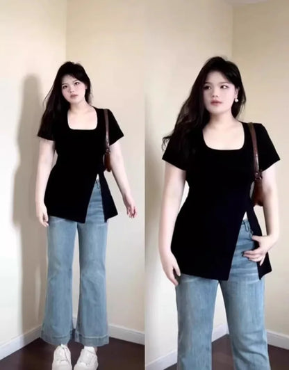 Women’s Summer Outfit – Slim Fit T-Shirt with Square Neck Design
