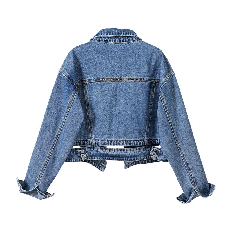 Short Denim Jacket for Women – Black Lapel Long Sleeve Fashion Coat