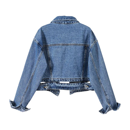 Short Denim Jacket for Women – Black Lapel Long Sleeve Fashion Coat