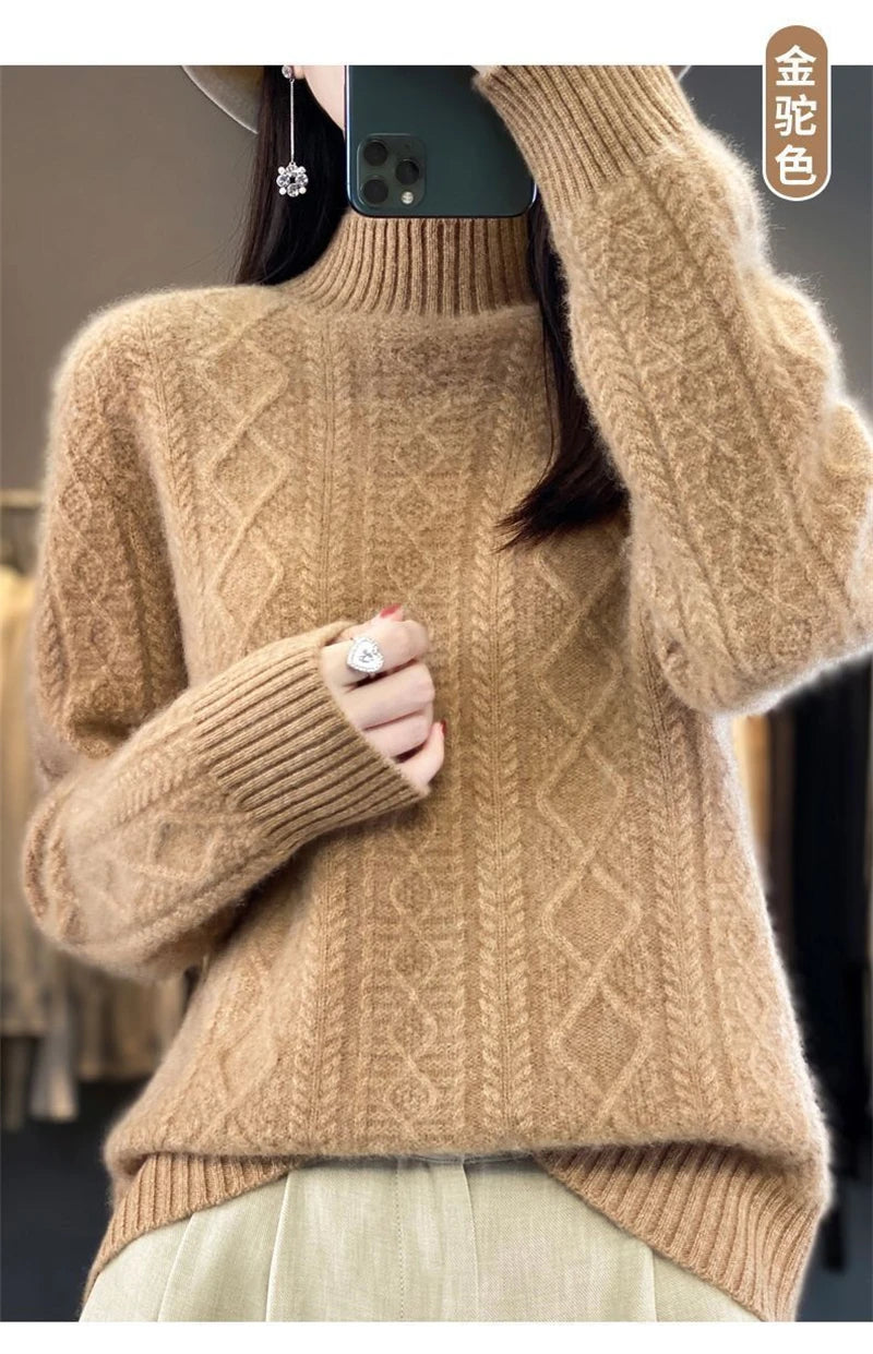 Korean Style Women’s Sweater – 100% Merino Wool Turtleneck Top