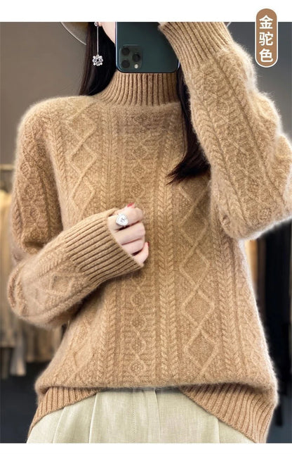 Korean Style Women’s Sweater – 100% Merino Wool Turtleneck Top