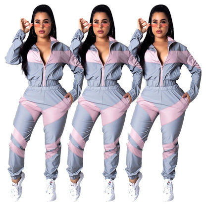 Casual Sports Set – Women’s Color-Block Windbreaker with Joggers