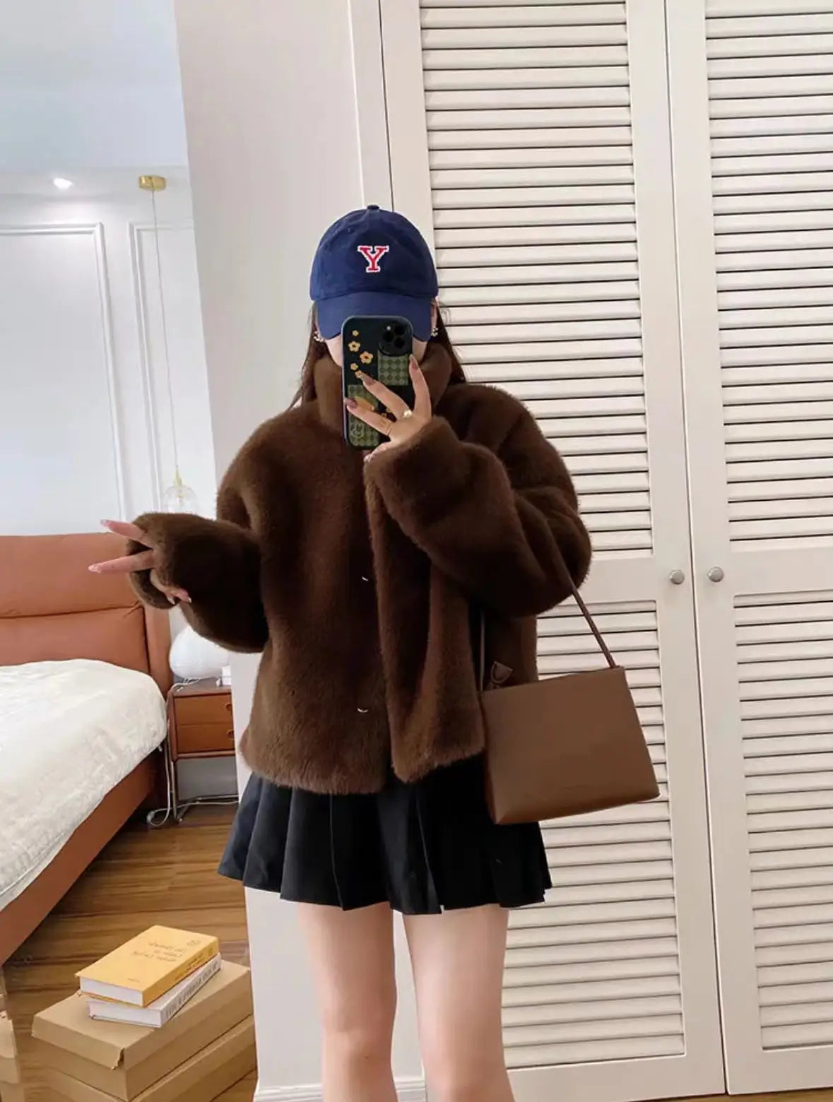 Golden Mink Lined Faux Fur Coat – Short Stand Collar Winter Jacket