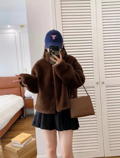 Golden Mink Lined Faux Fur Coat – Short Stand Collar Winter Jacket
