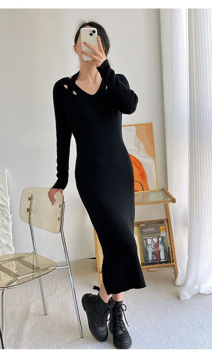 Street Style Winter Dress – Women’s Slim Halter Knit Long Skirt