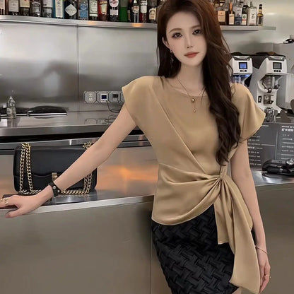 Trendy & Stylish – Lace-Up Solid Slim Blouse for Office