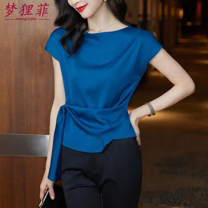 Chic Summer Top – Women’s Short Sleeve Satin Chiffon Blouse