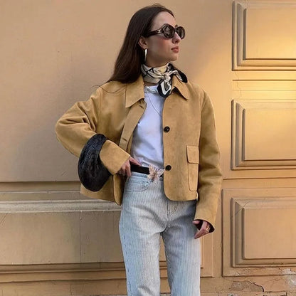 Women’s Casual Suede Jacket – Long Sleeve Solid Lapel Autumn Coat