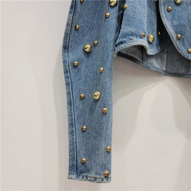 Pearl Beaded Cowboy Jacket – Women’s Long Lantern Sleeve Denim Bomber