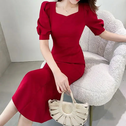 Chic Women’s Ball Gown – Square Collar Puffy Sleeve Fish Tail Dress