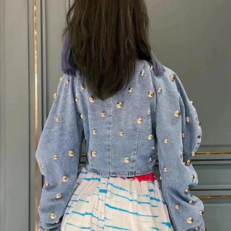 Pearl Beaded Cowboy Jacket – Women’s Long Lantern Sleeve Denim Bomber