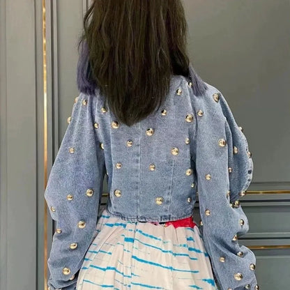 Pearl Beaded Cowboy Jacket – Women’s Long Lantern Sleeve Denim Bomber