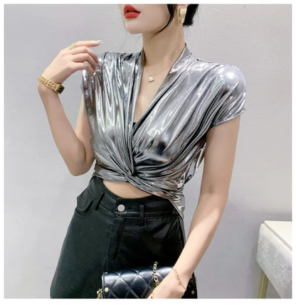 Shine & Chic – Metallic Short Sleeve Wrap Top for Women