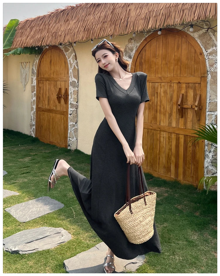 Casual Summer Dress – V-Neck Slim Waist Flared Skirt for Women