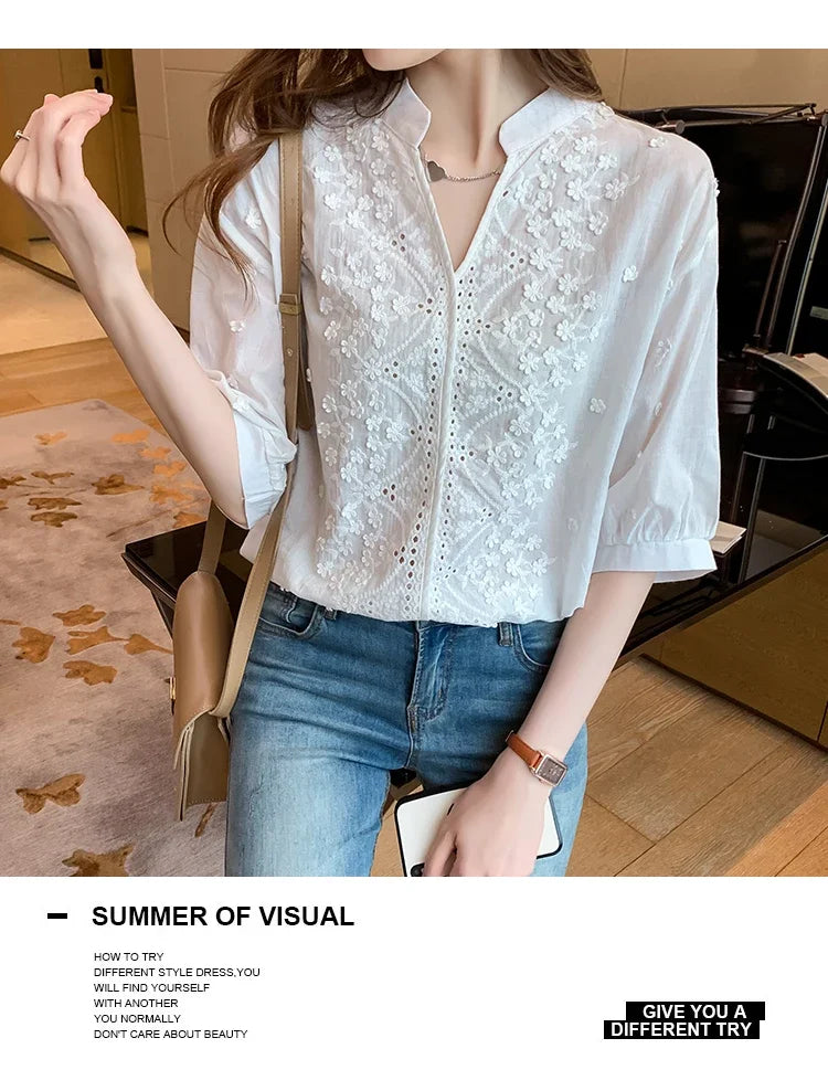 Limited Edition – Hollow-Out V-Neck Cotton Top for Women