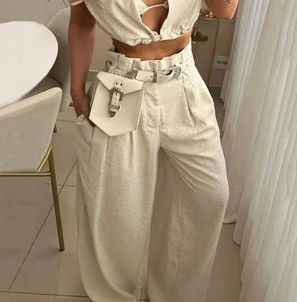 Casual Streetwear Set – Sleeveless Top & High Waist Wide Pants